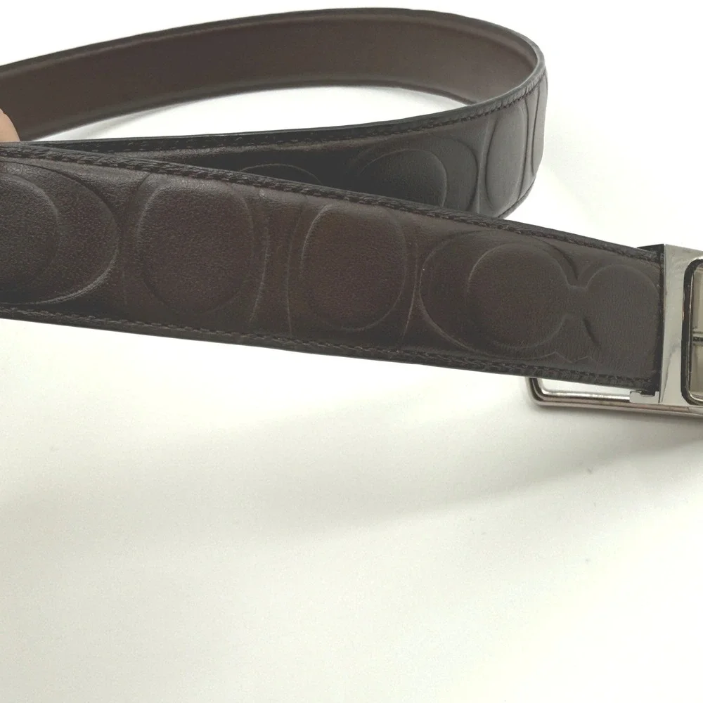 Coach Belt Mens Medium Brown Signature Debossed Reversible Leather Silver Buckle
